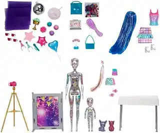 Barbie Color Reveal lalka impreza zestaw niespodzianka, 30 cm, różowa, z akcesoriami, Mattel