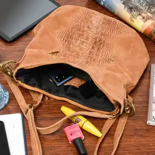 Beltimore Torebka skórzana zamszowa CROCO listonoszka 2 paski camel W13 brązowy, beżowy