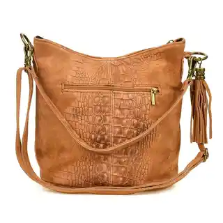 Beltimore Torebka skórzana zamszowa CROCO listonoszka 2 paski camel W13 brązowy, beżowy