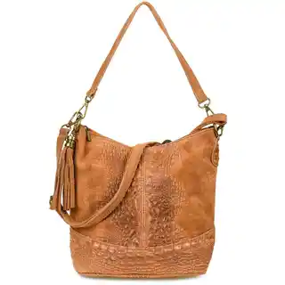 Beltimore Torebka skórzana zamszowa CROCO listonoszka 2 paski camel W13 brązowy, beżowy