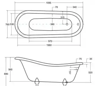 Besco Otylia wanna owalna Retro 160x77 biało-czarna