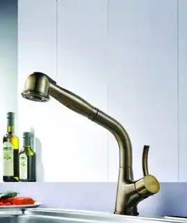 Blue Water Retra bateria kuchenna z wyciąganą wylewką mosiądz antyczny