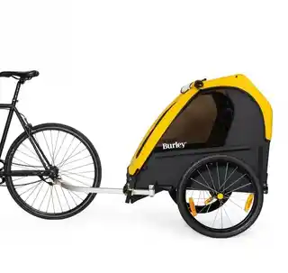 Burley Bee Double przyczepka rowerowa dla dzieci, żółta, składana, aluminiowa rama, pasy bezpieczeństwa, odblaski