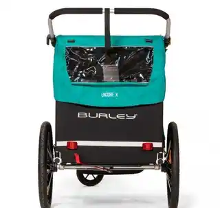 Burley przyczepka rowerowa dla dziecka Encore X turkusowa, aluminiowa, ładowność 45 kg, szybki montaż, wentylowane burty