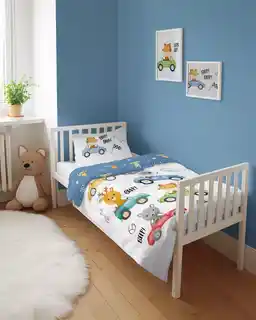 Detexpol komplet pościeli bawełnianej 90x120 autka zwierzątka leśne niebieski Mayamoo