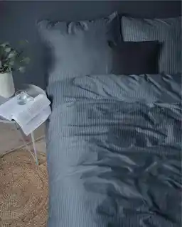 Detexpol Pościel adamaszkowa 160x200 denim granatowa paski 1 cm jednobarwna, kolekcja Pure