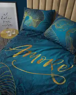Detexpol Pościel bawełniana 160x200 Amore turkusowa złota liście 4327 A Holland 29