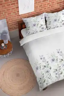 Detexpol Pościel flanelowa 220x200 biało-niebiesko-zielone kwiaty, wrzosowe akcenty, wzór 23