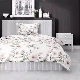 Detexpol Pościel satynowa 140x200 biała beżowa kwiaty 4915 B z jedną poszewką Home Satin 80