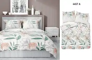 Detexpol Pościel satynowa 140x200 Home Satin 126 biała zielona pudrowa kwiaty liście