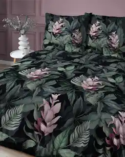Detexpol Pościel satynowa 140x200 Home Satin 80 liście kwiaty czarna zielona