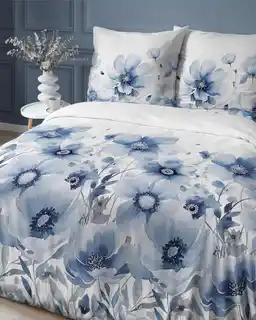 Detexpol Pościel satynowa 140x200 Home Satin 81 biała niebieska kwiaty