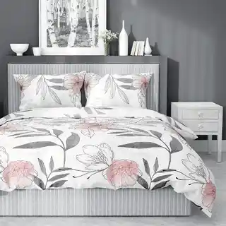 Detexpol Pościel satynowa 160x200 4457 B biała szara pudrowa kwiaty liście Home Satin 126