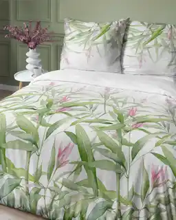 Detexpol Pościel satynowa 160x200 biała zielona liście 4922 A Home Satin 81