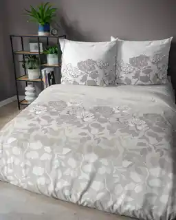 Detexpol Pościel satynowa 160x200 Home Satin 11 beżowa jasna szara biała kwiaty liście