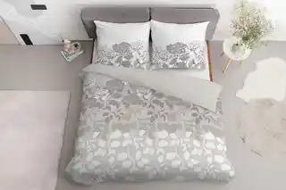 Detexpol Pościel satynowa 160x200 Home Satin 11 beżowa jasna szara biała kwiaty liście