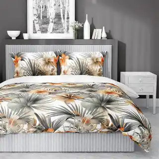 Detexpol Pościel satynowa 160x200 Home Satin 71 biała w pomarańczowe kwiaty i palmy