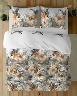 Detexpol Pościel satynowa 160x200 Home Satin 71 biała w pomarańczowe kwiaty i palmy