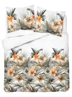 Detexpol Pościel satynowa 160x200 Home Satin 71 biała w pomarańczowe kwiaty i palmy