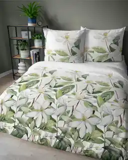 Detexpol Pościel satynowa 160x200 Home Satin 71 Biała w zielone liście i kwiaty