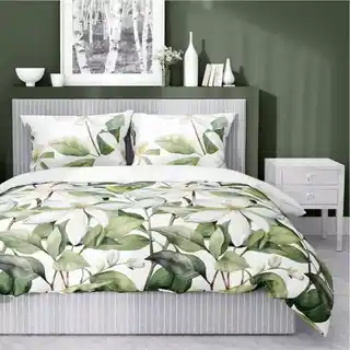 Detexpol Pościel satynowa 160x200 Home Satin 71 Biała w zielone liście i kwiaty