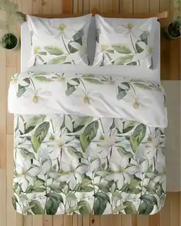 Detexpol Pościel satynowa 160x200 Home Satin 71 Biała w zielone liście i kwiaty