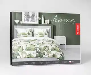 Detexpol Pościel satynowa 160x200 Home Satin 71 Biała w zielone liście i kwiaty