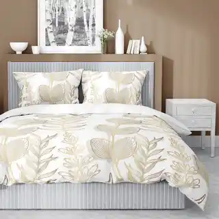 Detexpol Pościel satynowa 160x200 Home Satin 71 Biała w złoto-beżowe liście