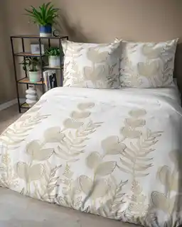 Detexpol Pościel satynowa 160x200 Home Satin 71 Biała w złoto-beżowe liście