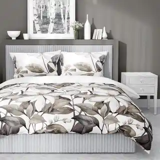Detexpol Pościel satynowa 160x200 Home Satin 71 Biała z beżowymi liśćmi i kwiatami