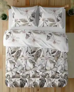 Detexpol Pościel satynowa 160x200 Home Satin 71 Biała z beżowymi liśćmi i kwiatami