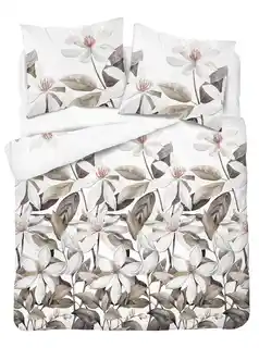 Detexpol Pościel satynowa 160x200 Home Satin 71 Biała z beżowymi liśćmi i kwiatami