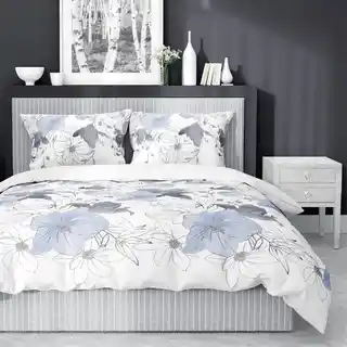 Detexpol Pościel satynowa 220x200 biała niebieska kwiaty 4397 A Home Satin 122