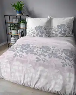 Detexpol Pościel satynowa 220x200 Home Satin 11 różowa szara biała kwiaty liście