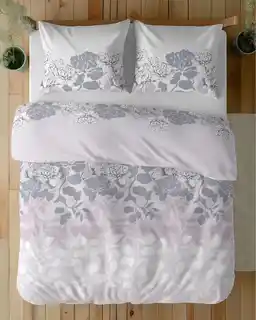 Detexpol Pościel satynowa 220x200 Home Satin 11 różowa szara biała kwiaty liście