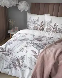 Detexpol Pościel satynowa 220x200 Home Satin biała szara listki kwiaty