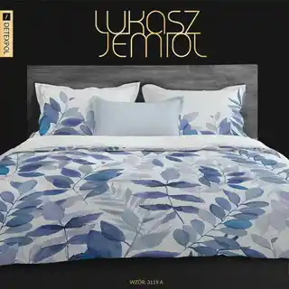 Detexpol Pościel satynowa 220x200 Liście Łukasz Jemioł biała niebieska Ekskluzywna dwustronna 3119 A