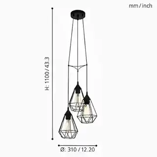 Eglo lampa wisząca Tarbes 94191, czarna, vintage, 3-punktowa