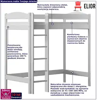 Elior Białe pojedyncze łóżko dla dziecka z antresolą i materacem - Laren 3X 200x90 cm