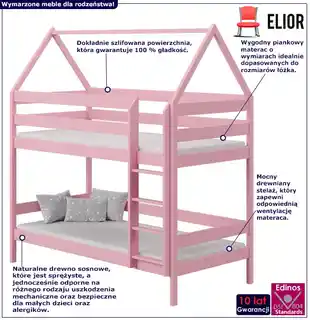 Elior Różowe łóżko piętrowe domek dla dzieci - Delisa 3X 200x90 cm