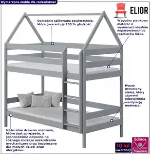 Elior Szare łóżko dziecięce piętrowe w kształcie domku - Delisa 3X 200x90 cm