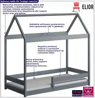 Elior Szare pojedyncze łóżko dla dziecka w kształcie domku - Kiders 200x90 cm