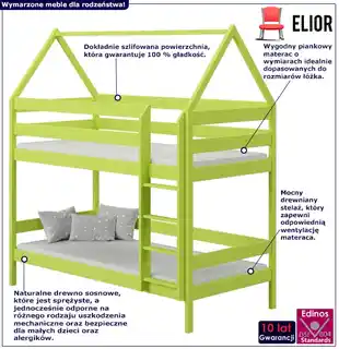 Elior Zielone łóżko piętrowe domek dla 2 dzieci z materacami - Delisa 3X 190x80 cm