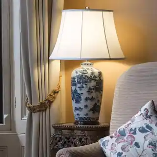 Elstead Lighting lampa stołowa Blue Ginger Jar niebiesko-biały, abażur biały, model Blue G JAR TŁ