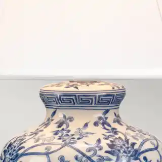 Elstead Lighting lampa stołowa Blue Ginger Jar niebiesko-biały, abażur biały, model Blue G JAR TŁ