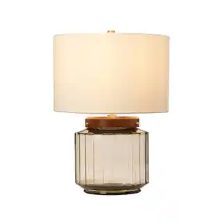Elstead Lampa stołowa Luga szkło dymione drewno postarzałe mosiądz abażur kość słoniowa