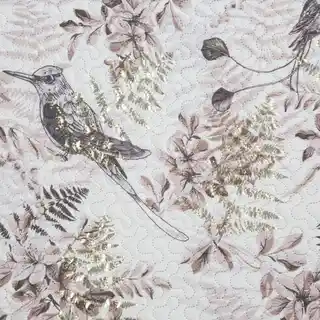 Eurofirany narzuta D91, 200x220 cm, poliester, pikowana, beżowo-biała, welurowa, dekoracyjna, liście ptaki