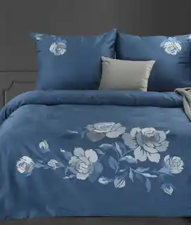 Eurofirany Pościel satynowa 160x200 Haft 3 granatowa srebrna haftowana kwiaty