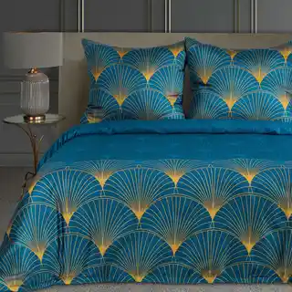 Eurofirany Pościel satynowa 160x200 Lotos 1 turkusowa ciemna miodowa wachlarze Limited Collection