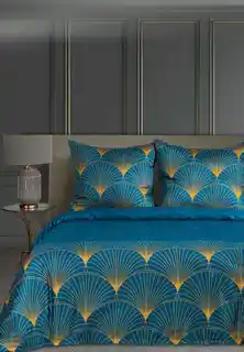 Eurofirany Pościel satynowa 160x200 Lotos 1 turkusowa ciemna miodowa wachlarze Limited Collection